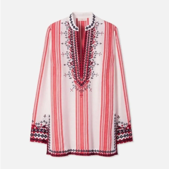 TORY‎ BURCH Embroidered Tunic Top in White and Red Stripes - Picture 1 of 9